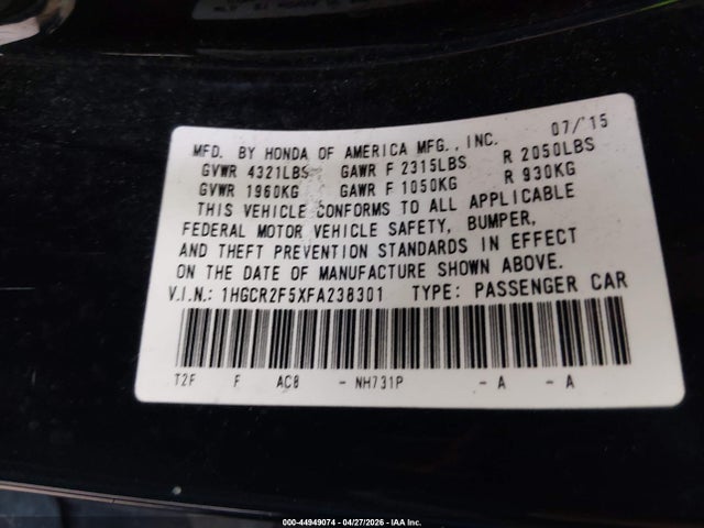 Aukcja sprzedaży 2015 Honda Accord Sport, vin: 1HGCR2F5XFA238301, numer aukcji: 44949074
