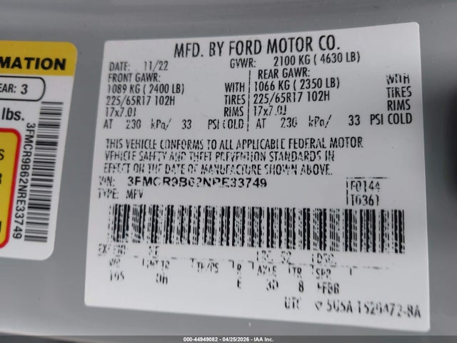Продаж на аукціоні авто 2022 Ford Bronco Sport Big Bend, vin: 3FMCR9B62NRE33749, номер лоту: 44949082