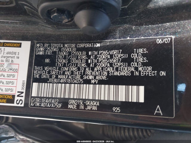 Aukcja sprzedaży 2007 Toyota 4runner Sr5 V6, vin: JTEBU14R978104375, numer aukcji: 44949085