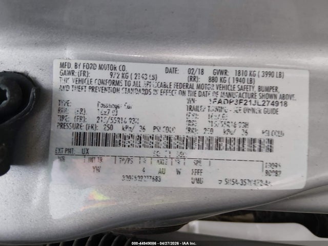 Aukcja sprzedaży 2018 Ford Focus Se, vin: 1FADP3F21JL274918, numer aukcji: 44949086