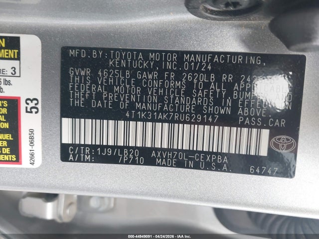 2024 Toyota Camry Hybrid Xse მანქანა იყიდება აუქციონზე, vin: 4T1K31AK7RU629147, აუქციონის ნომერი: 44949091