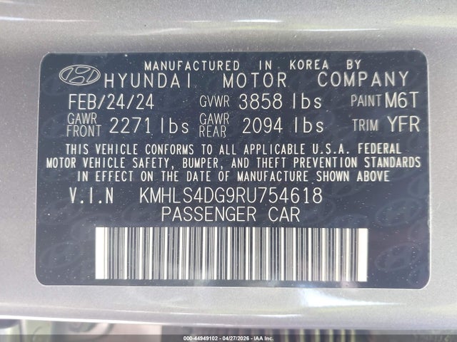 Продажа на аукционе авто 2024 Hyundai Elantra Sel, vin: KMHLS4DG9RU754618, номер лота: 44949102