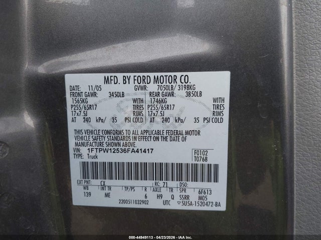 Продаж на аукціоні авто 2006 Ford F-150 Lariat/xlt, vin: 1FTPW12536FA41417, номер лоту: 44949113