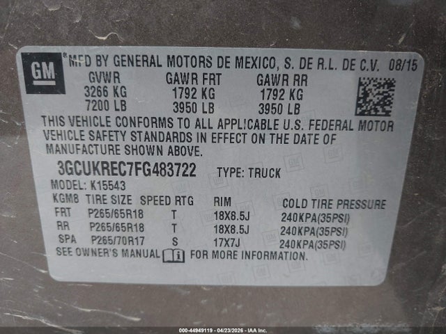 44949119 :رقم المزاد ، 3GCUKREC7FG483722 vin ، 2015 Chevrolet Silverado 1500 2lt مزاد بيع