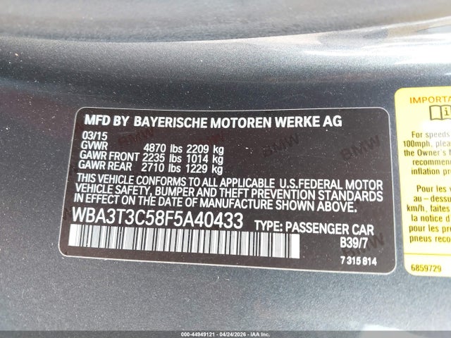 44949121 :رقم المزاد ، WBA3T3C58F5A40433 vin ، 2015 Bmw 435i مزاد بيع
