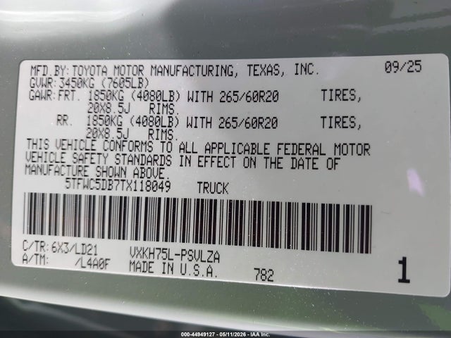44949127 :رقم المزاد ، 5TFWC5DB7TX118049 vin ، 2026 Toyota Tundra Hybrid Limited Crewmax 6.4' Bed مزاد بيع