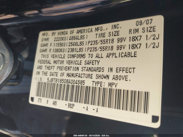Auction sale of the 2008 Acura Rdx, vin: 5J8TB18508A004585, lot number: 44949130