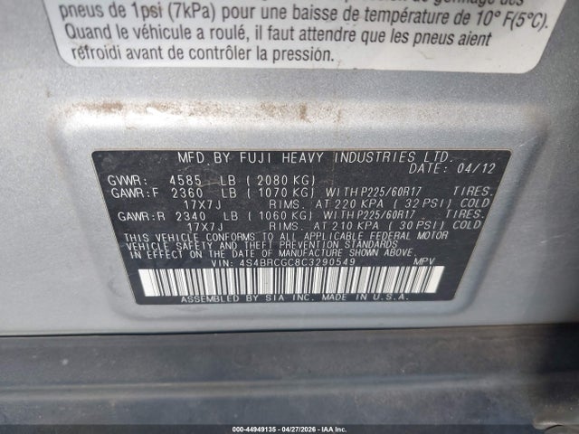 44949135 :رقم المزاد ، 4S4BRCGC8C3290549 vin ، 2012 Subaru Outback 2.5i Premium مزاد بيع