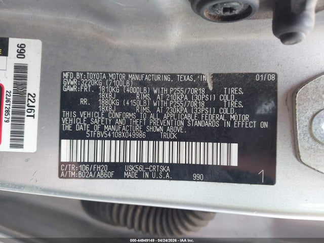 44949149 :رقم المزاد ، 5TFBV54108X049986 vin ، 2008 Toyota Tundra Base 5.7l V8 مزاد بيع
