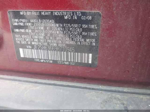 44949154 :رقم المزاد ، JF2SH63669H710945 vin ، 2009 Subaru Forester 2.5x مزاد بيع