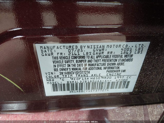 Продаж на аукціоні авто 2025 Nissan Sentra Sv, vin: 3N1AB8CV1SY377274, номер лоту: 44949161