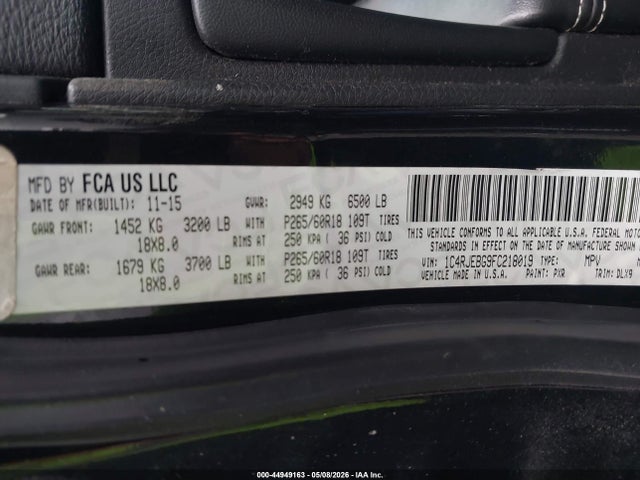 44949163 :رقم المزاد ، 1C4RJEBG9FC218019 vin ، 2015 Jeep Grand Cherokee Limited مزاد بيع