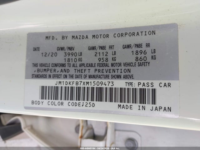 44949164 :رقم المزاد ، JM1DKFB7XM1509473 vin ، 2021 Mazda Cx-3 Sport مزاد بيع