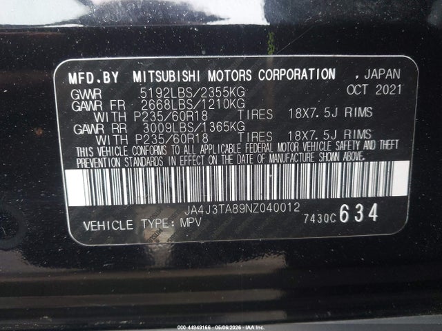 Aukcja sprzedaży 2022 Mitsubishi Outlander Es 2.5 2wd, vin: JA4J3TA89NZ040012, numer aukcji: 44949166