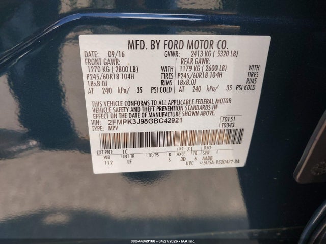 Ford EDGE SEL 2016 2FMPK3J98GBC42921 Image 9