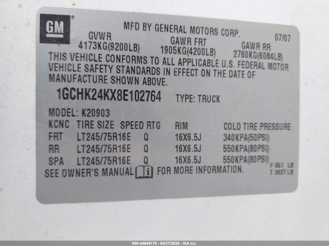 44949170 :رقم المزاد ، 1GCHK24KX8E102764 vin ، 2008 Chevrolet Silverado 2500hd Work Truck مزاد بيع