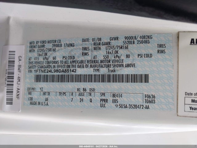 Aukcja sprzedaży 2008 Ford E-250 Commercial/recreational, vin: 1FTNE24L98DA85142, numer aukcji: 44949181