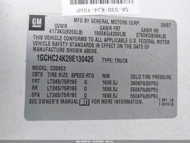 Aukcja sprzedaży 2008 Chevrolet Silverado 2500hd Work Truck, vin: 1GCHC24K28E130426, numer aukcji: 44949184