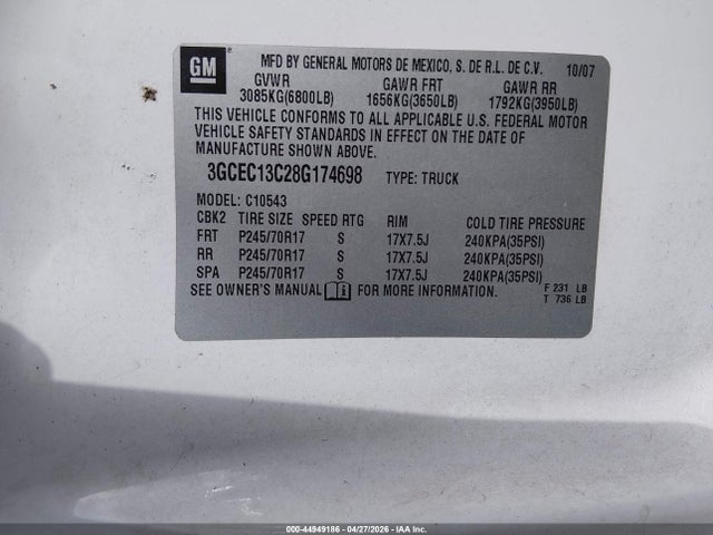 2008 Chevrolet Silverado 1500 Work Truck მანქანა იყიდება აუქციონზე, vin: 3GCEC13C28G174698, აუქციონის ნომერი: 44949186
