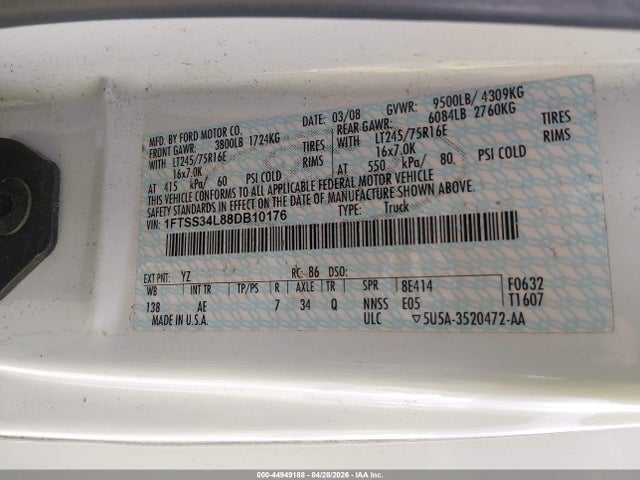 44949188 :رقم المزاد ، 1FTSS34L88DB10176 vin ، 2008 Ford E-350 Super Duty Commercial/recreational مزاد بيع