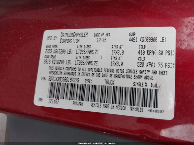 2006 Dodge Ram 3500 Laramie მანქანა იყიდება აუქციონზე, vin: 3D7LX39C06G197379, აუქციონის ნომერი: 44949193