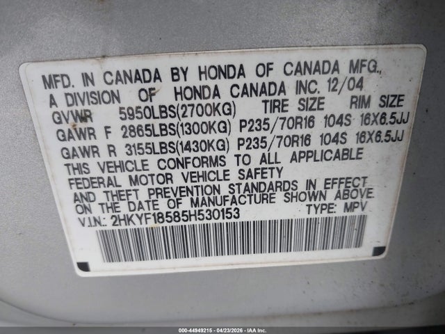 Aukcja sprzedaży 2005 Honda Pilot Ex-l, vin: 2HKYF18585H530153, numer aukcji: 44949215