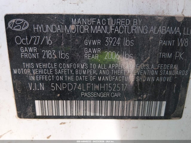 Aukcja sprzedaży 2017 Hyundai Elantra Se, vin: 5NPD74LF1HH152517, numer aukcji: 44949232