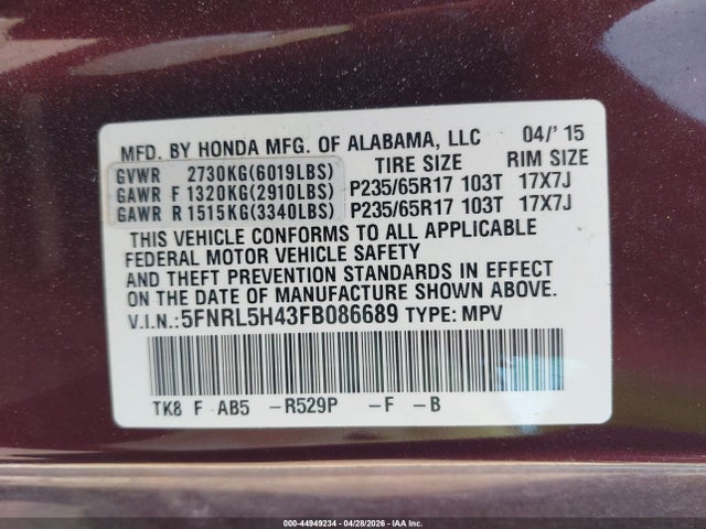 2015 Honda Odyssey Ex მანქანა იყიდება აუქციონზე, vin: 5FNRL5H43FB086689, აუქციონის ნომერი: 44949234