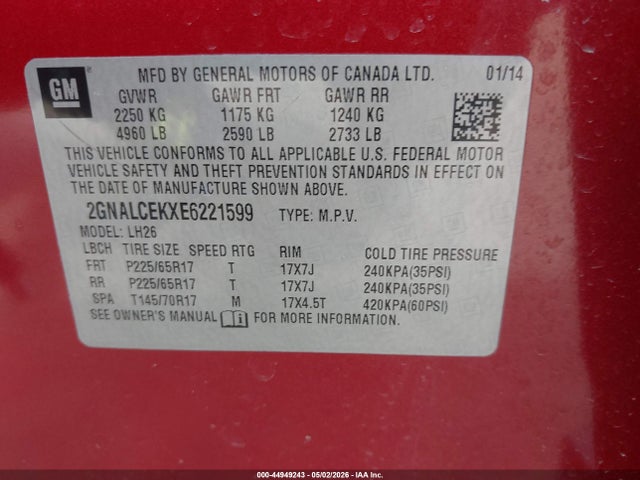 Aukcja sprzedaży 2014 Chevrolet Equinox 2lt, vin: 2GNALCEKXE6221599, numer aukcji: 44949243