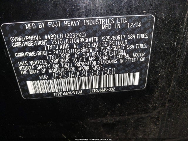 44949253 :رقم المزاد ، JF2SJADC8FG567560 vin ، 2015 Subaru Forester 2.5i Premium مزاد بيع