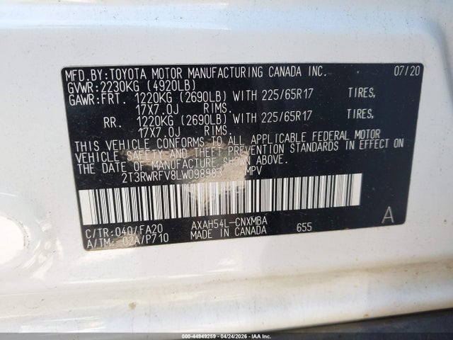 2T3RWRFV8LW098983 Toyota Rav4 Hybrid Xle