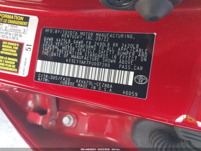 44949263 :رقم المزاد ، 4T1C11AK7PU097289 vin ، 2023 Toyota Camry Le مزاد بيع