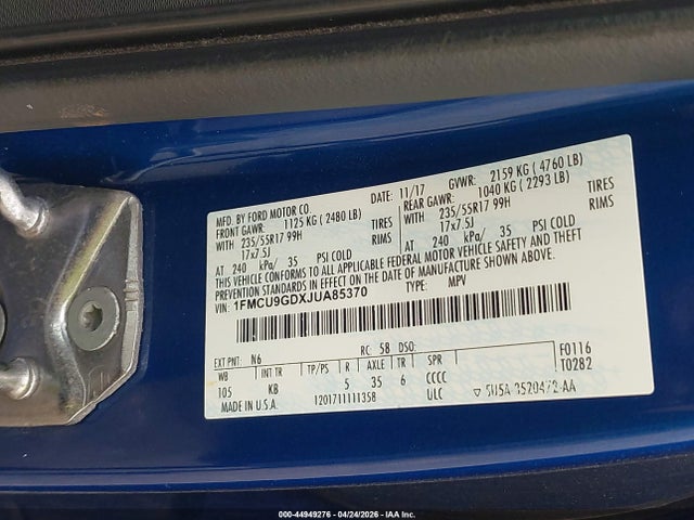 Продажа на аукционе авто 2018 Ford Escape Se, vin: 1FMCU9GDXJUA85370, номер лота: 44949276