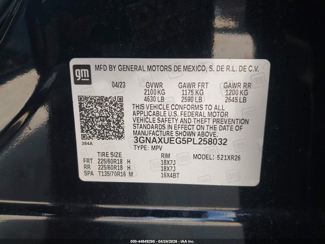 44949295 :رقم المزاد ، 3GNAXUEG5PL258032 vin ، 2023 Chevrolet Equinox Awd Lt مزاد بيع