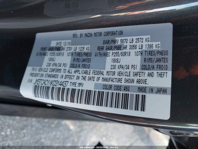 Auction sale of the 2019 Mazda Cx-9 Touring, vin: JM3TCACYXK0314437, lot number: 44949309