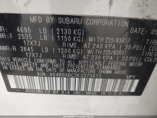 Продажа на аукционе авто 2019 Subaru Outback 2.5i, vin: 4S4BSABC2K3373473, номер лота: 44949322