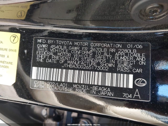 Продаж на аукціоні авто 2006 Lexus Es 330, vin: JTHBA30G265173002, номер лоту: 44949325