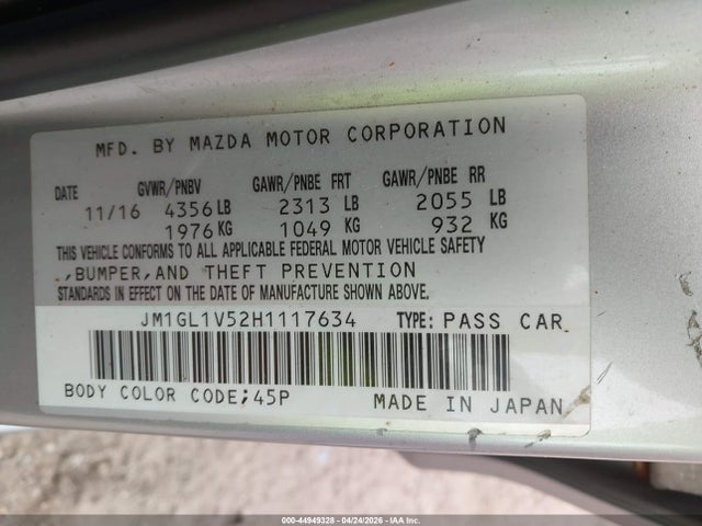 Aukcja sprzedaży 2017 Mazda Mazda6 Touring, vin: JM1GL1V52H1117634, numer aukcji: 44949328