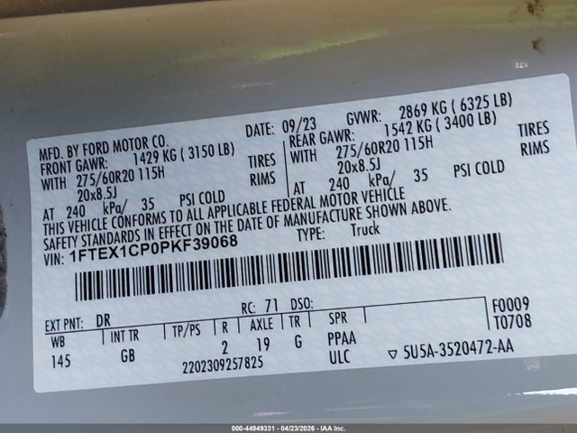 Продажа на аукционе авто 2023 Ford F-150 Xl, vin: 1FTEX1CP0PKF39068, номер лота: 44949331