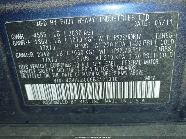 2011 Subaru Outback 2.5i Premium მანქანა იყიდება აუქციონზე, vin: 4S4BRBCC6B3421010, აუქციონის ნომერი: 44949334