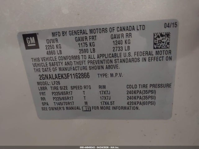 44949343 :رقم المزاد ، 2GNALAEK3F1162866 vin ، 2015 Chevrolet Equinox Ls مزاد بيع