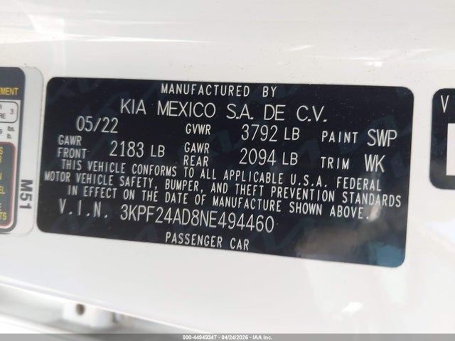 Продажа на аукционе авто 2022 Kia Forte Lxs, vin: 3KPF24AD8NE494460, номер лота: 44949347