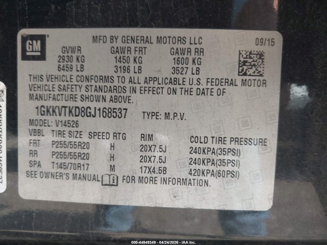 Aukcja sprzedaży 2016 Gmc Acadia Denali, vin: 1GKKVTKD8GJ168537, numer aukcji: 44949349