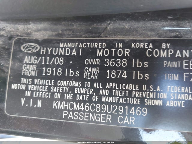 2009 Hyundai Accent Gls მანქანა იყიდება აუქციონზე, vin: KMHCM46C89U291469, აუქციონის ნომერი: 44949365