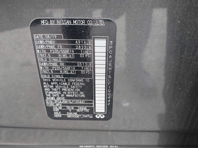 44949372 :رقم المزاد ، 3PCAJ5M15LF100442 vin ، 2020 Infiniti Qx50 Pure مزاد بيع