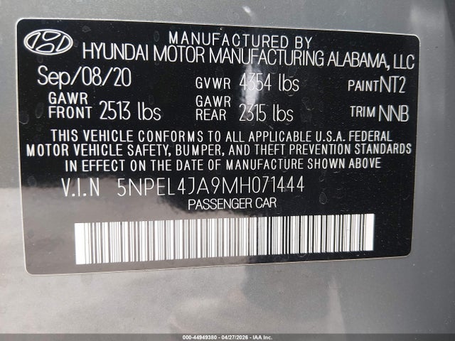 Aukcja sprzedaży 2021 Hyundai Sonata Sel, vin: 5NPEL4JA9MH071444, numer aukcji: 44949380