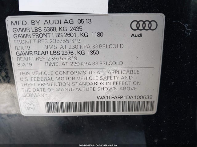 44949381 :رقم المزاد ، WA1LFAFP1DA100639 vin ، 2013 Audi Q5 2.0t Premium مزاد بيع