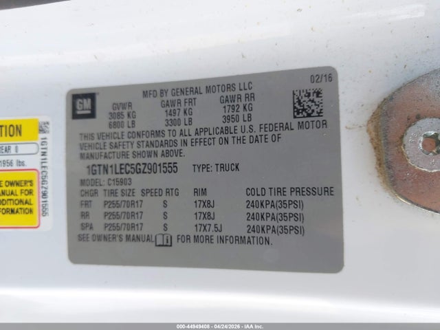 Aukcja sprzedaży 2016 Gmc Sierra 1500, vin: 1GTN1LEC5GZ901555, numer aukcji: 44949408