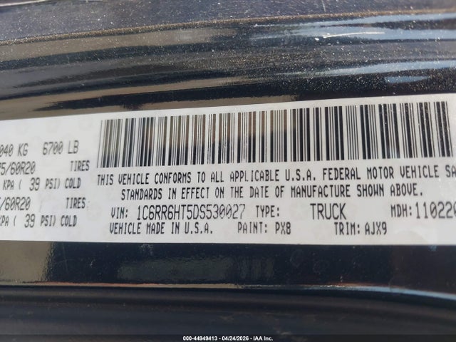 44949413 :رقم المزاد ، 1C6RR6HT5DS530027 vin ، 2013 Ram 1500 Sport مزاد بيع