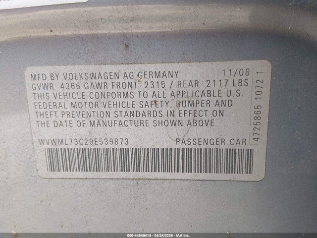 44949414 :رقم المزاد ، WVWML73C29E539873 vin ، 2009 Volkswagen Cc Sport مزاد بيع